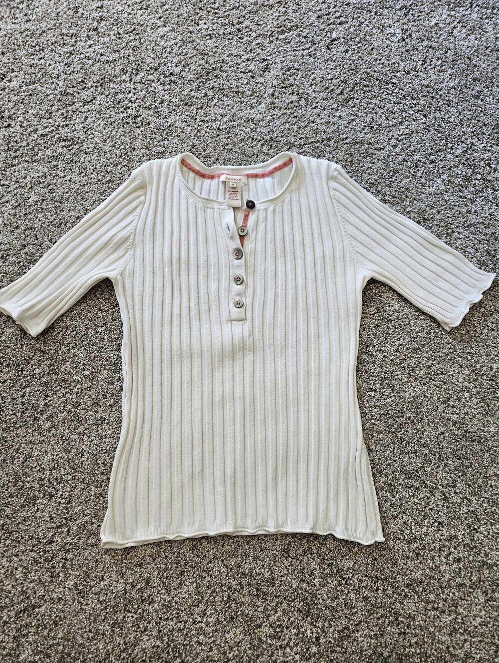 Sundance Ribbed Knit Button Henley Lettuce Trim Ivory Medium Contrast Stitch